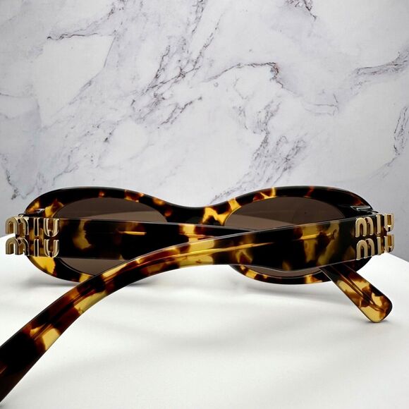 NEW MIU MIU Sunglasses Brown Oval Gold Spelled Out Logo New Authentic Tortoise - Picture 5 of 16